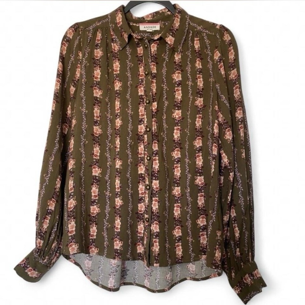Andree Olive Floral Button Up Blouse Medium Boho Cottagecore Rayon
